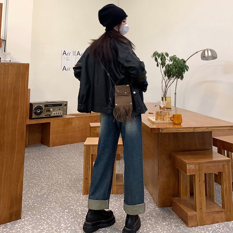 ⊕❧❦Quần Jeans Nữ Dài Dáng Rộng Rách Gối Thời Trang Thu Đông