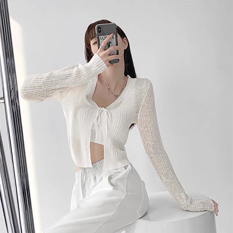 Áo len khoác mỏng cardigan - len dệt kim bảng màu pastel kiểu buộc sexy