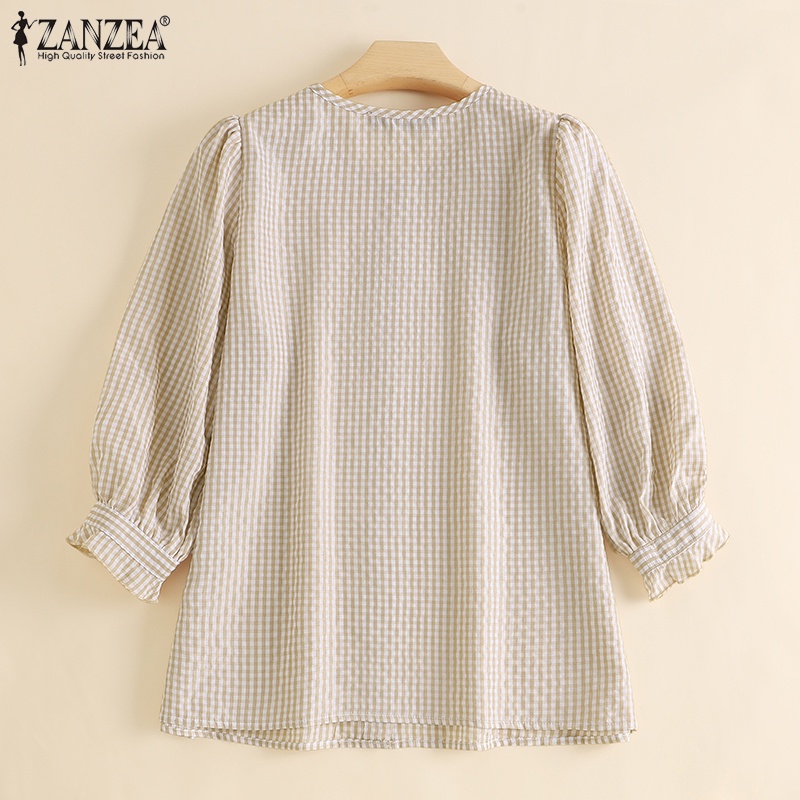 Áo sơ mi ZANZEA tay lửng dáng rộng họa tiết kẻ sọc phong cách vintage thời trang cho nữ