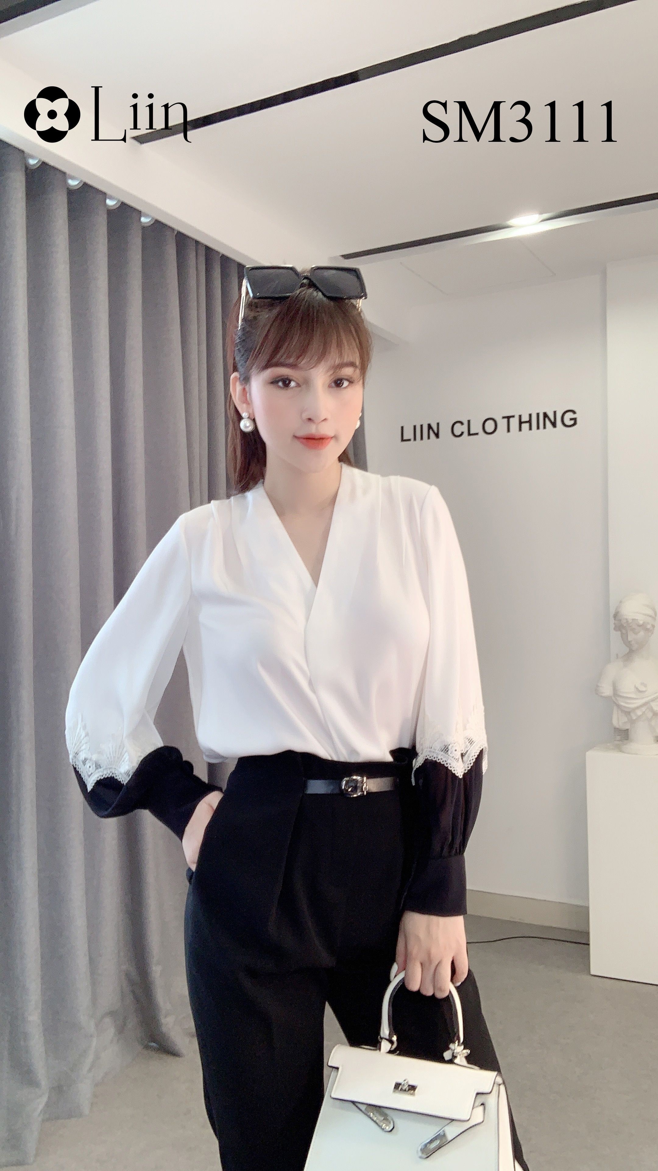 Áo sơ mi nữ công sở màu Trắng Cổ Tay màu Đen chất lụa đẹp sang trọng Liin Clothing SM3111