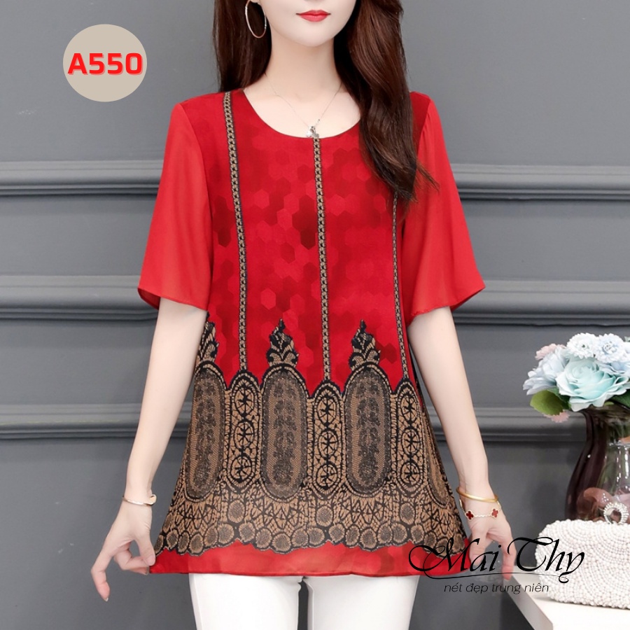 Áo Kiểu Thổ Cẩm MAI THY 550, Mẫu Áo Trung Niên Họa Tiết Thổ Cẩm Ngắn Tay Cổ Tròn Trang Nhã | Thời Trang Trung Niên U40