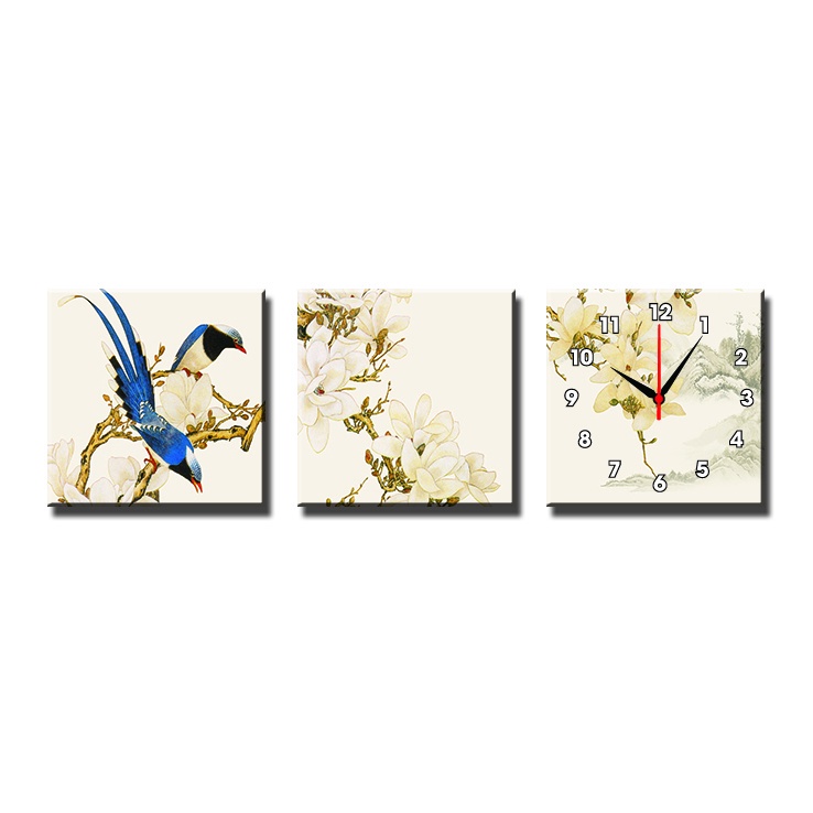 Tranh đồng hồ ghép bộ 3 treo tường " CHIM CẢNH LỘC VÀNG ", tranh đồng hồ hoa tulip, tranh đồng hồ hoa sen