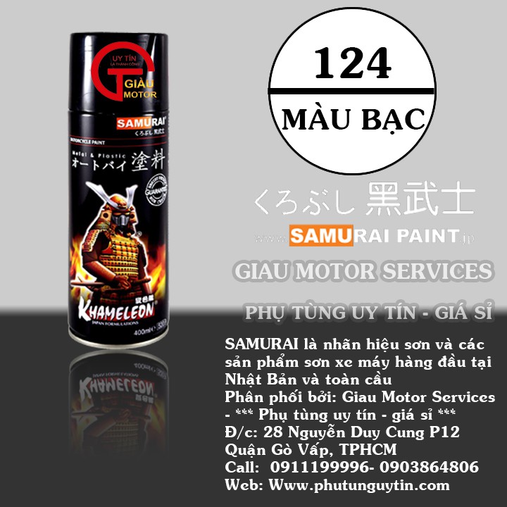 Sơn xịt màu bạc 124 _sơn xịt sơn xe máy Samurai 3/124 màu bạc _ Silver _  Shop uy tín, giao nhanh, giá rẻ _ Best Seller