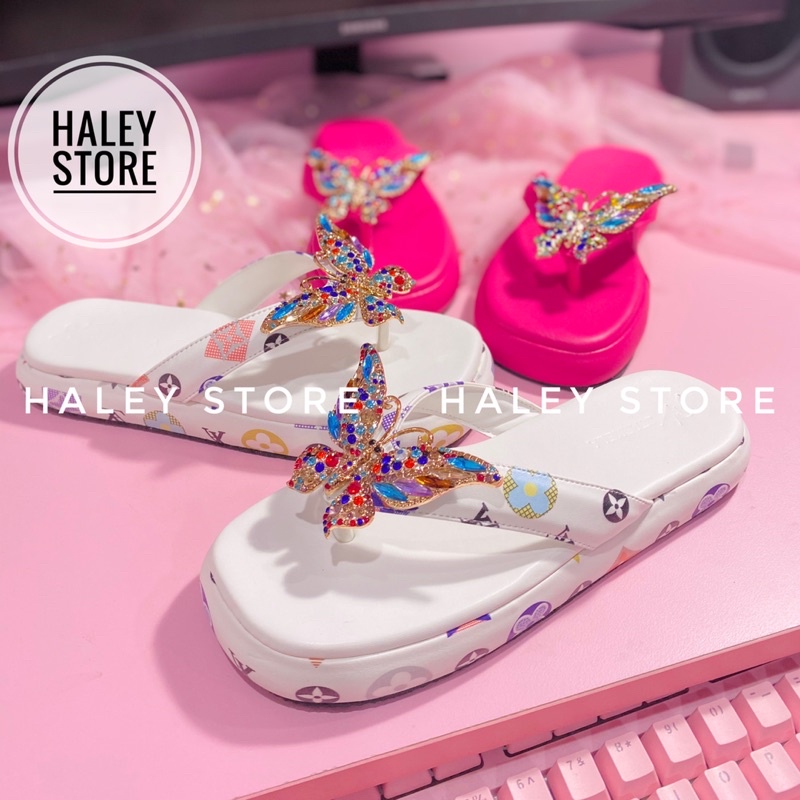 Dép nữ HALEY STORE đế bánh mì quai kẹp đính bư.ớm đá xoàn nhiều màu xinh rẻ bền đẹp tiểu thư sang trọng thời trang mới