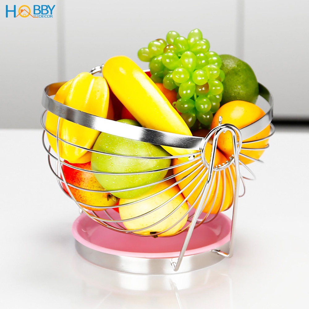 Rổ đựng trái cây decor bàn ăn Hobby Home Decor RTC chuẩn Inox 304 không rỉ sét kèm khay nhựa hứng nước có thể xoay được