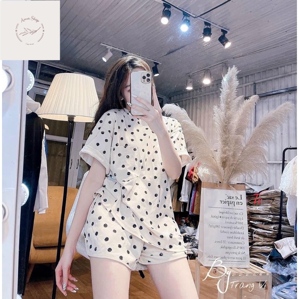 Anna shop# Set Bộ Quần Áo Cộc Tay Chấm Bi Dáng Rộng dưới 60kg - Áo Phông Quần Đùi Nữ X0126 #