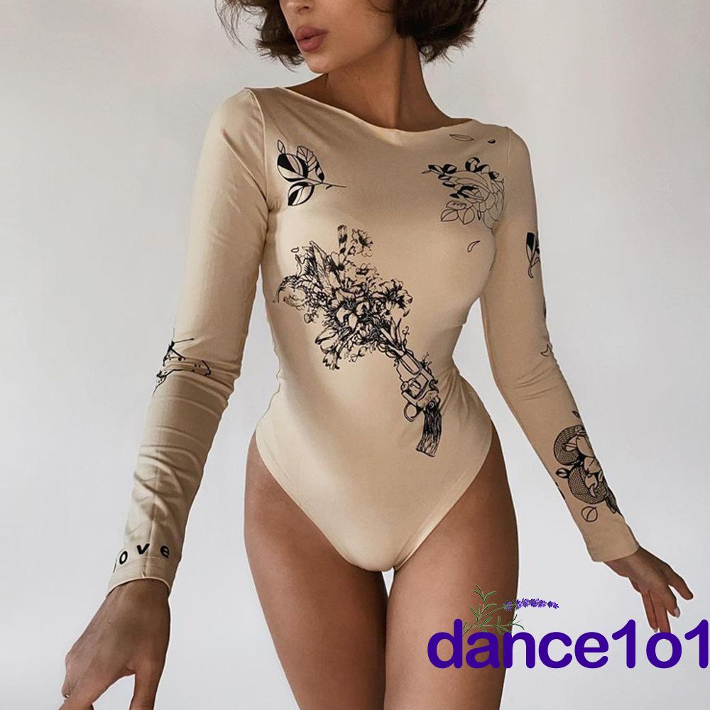 Bộ áo liền quần tay dài cổ tròn in họa tiết cây lá kiểu vintage thời trang mùa thu cho nữ