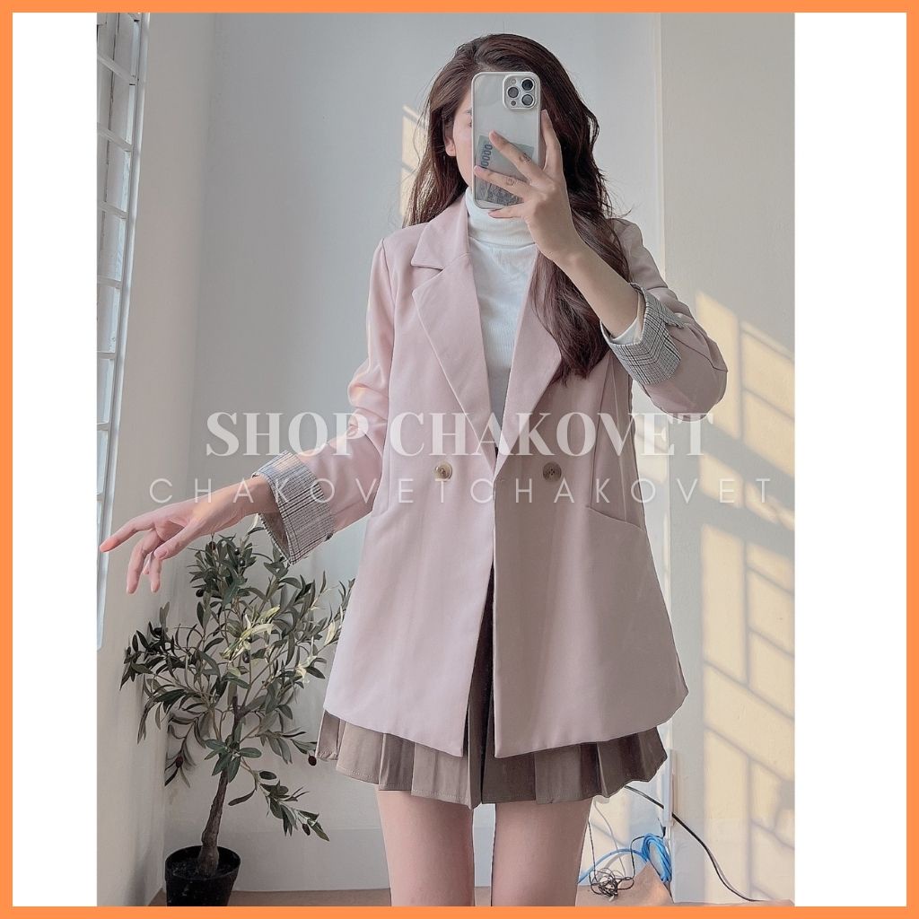 Áo blazer nữ 2 lớp khoác ngoài tay pha kẻ A8129, kiểu áo cổ vest 2 cúc 2 túi thật style hàn quốc mix được nhiều đồ