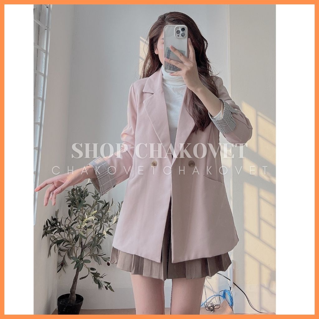 Áo blazer nữ 2 lớp khoác ngoài tay pha kẻ AB8129, kiểu áo cổ vest 2 cúc 2 túi thật style hàn quốc mix được nhiều đồ | BigBuy360 - bigbuy360.vn