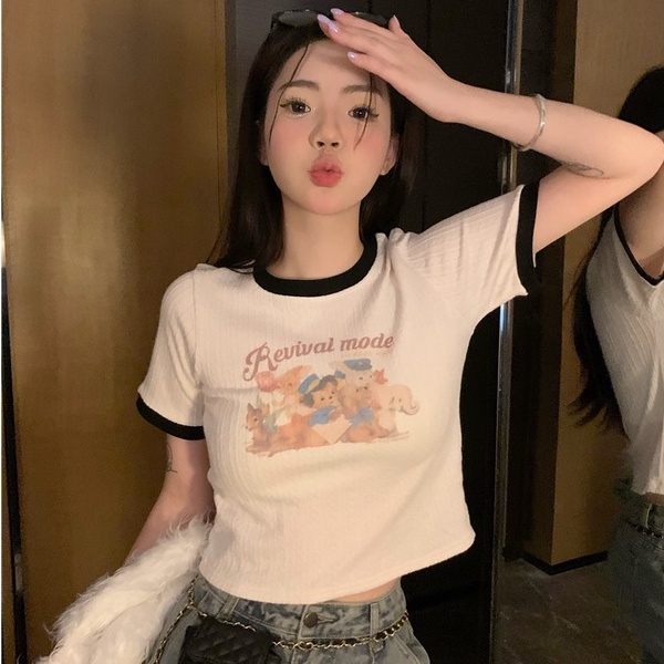 Áo kiểu ZHELIHANGFEI vải dệt kim ngắn tay in họa tiết xinh xắn theo phong cách Mỹ