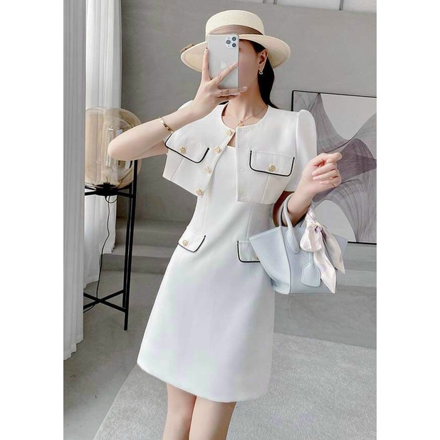 Đầm nữ thời trang mặc đi chơi chất cotton lạnh hai dây phối túi giả kèm khoác cổ tròn tay ngắn cá tính