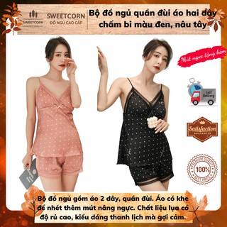 Bộ đồ ngủ quần đùi áo hai dây lụa satin chấm bi mềm mịn quyến rũ, hai màu đen, nâu tây