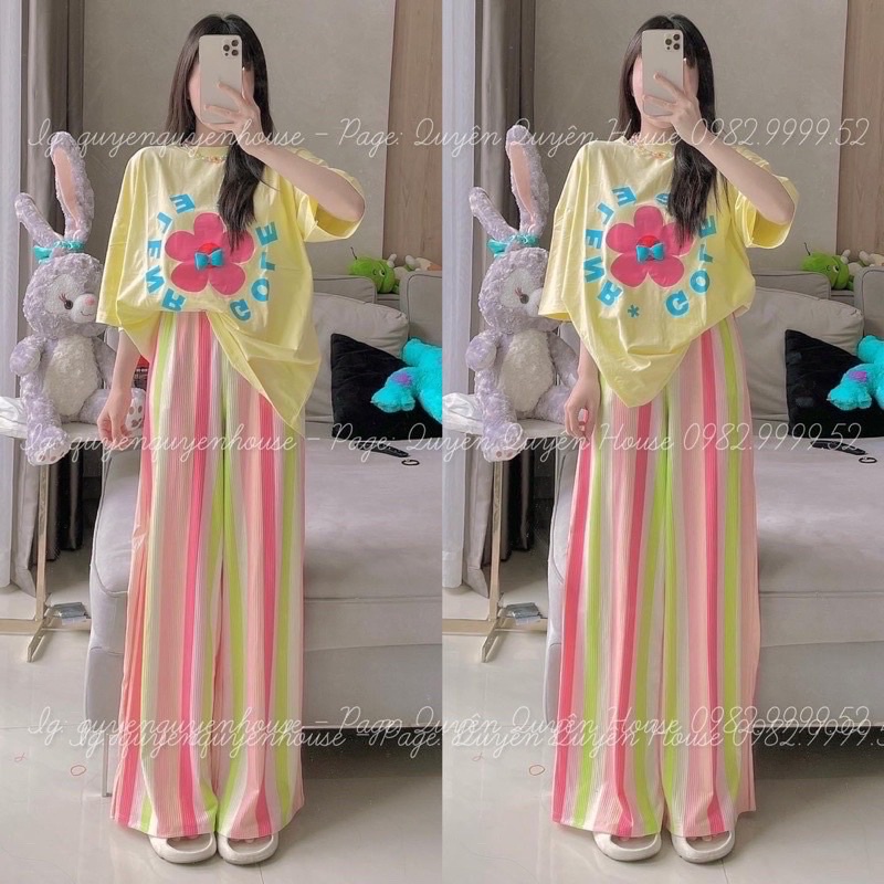 Set áo cotton cam  đính nơ quần suông cầu vòng