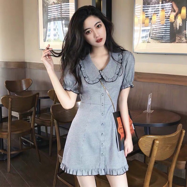 ORDER Đầm ulzzang/Váy ulzzang tay ngắn viền bèo kẻ sọc/Đầm dáng chữ A nút dọc