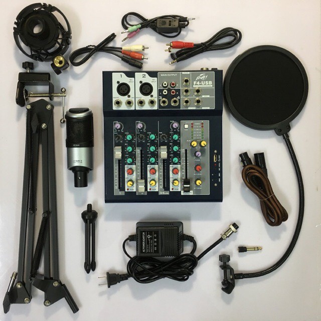 Bộ Combo mic thu âm livestream mixer F4 usb bluetooth-Mic PC K320 kèm chân lọc dây 3m dây live chế bảo hành 12 tháng
