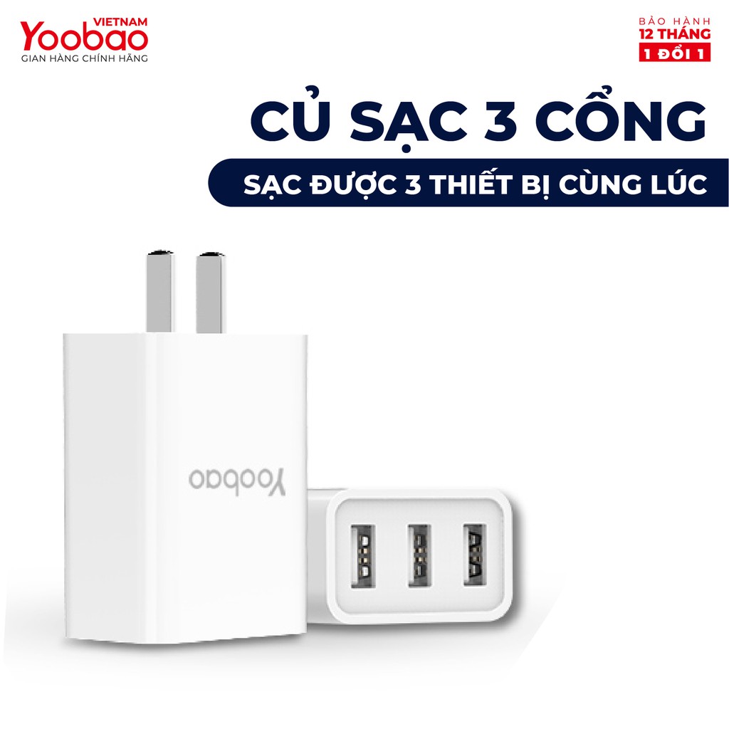 Củ sạc 3 cổng USB Yoobao Y-723 Sạc nhanh dòng 3.4A Chân dẹt kiểu EU - Hãng chính thức - Bảo hành 12 tháng 1 đổi 1