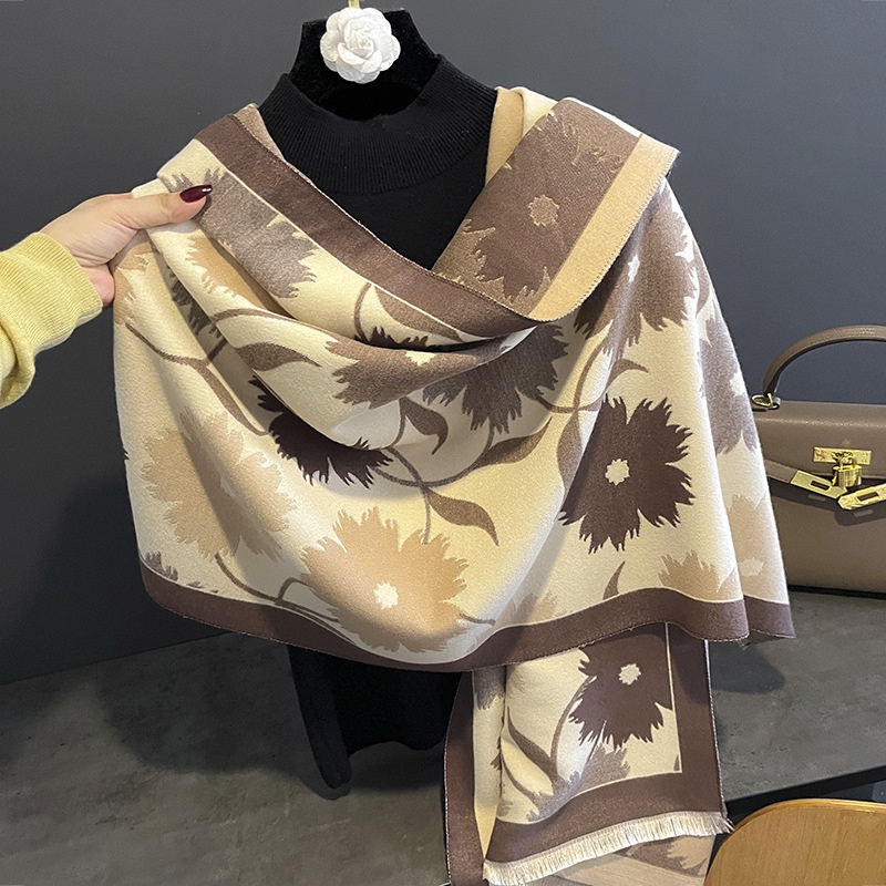 Khăn Choàng Cổ Dài Chất Liệu Cashmere Dày Dặn Họa Tiết Hoa Hướng Dương Thời Trang Thu Đông Cao Cấp Cho Nữ