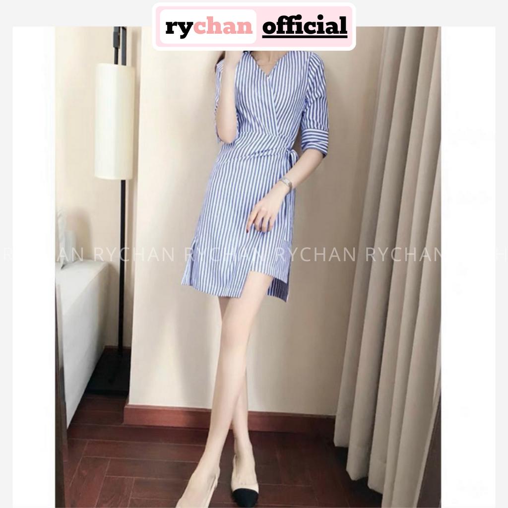 [ẢNH THẬT CUỐI] Đầm Nữ Cổ V Đắp Ngực Lệch Tà Thắt Eo Thanh Lịch, Đầm Nữ Dạo Phố Form Ngắn Dáng Xòe Sọc Xanh - DX174