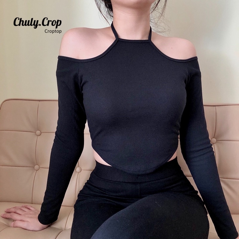 Áo croptop tay dài cổ yếm bẹt vai khoe xương quai xanh siêu hot hit | WebRaoVat - webraovat.net.vn