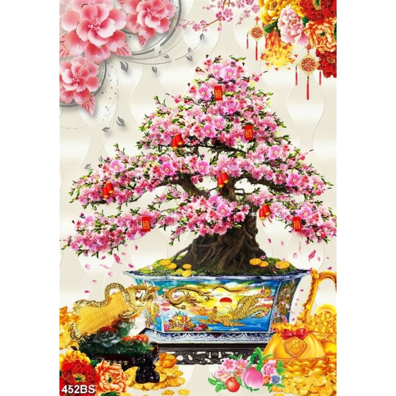 TRANH DÁN TƯỜNG 3D CHẬU BONSAI CÂY ĐÀO 452BS - TRANH CHẬU HOA CHƯNG TẾT