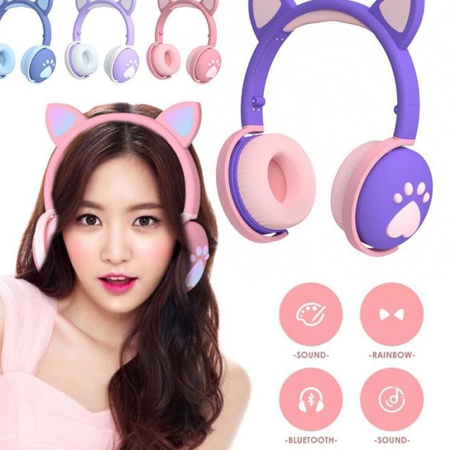 Tai Nghe Bluetooth Bk1 Hình Tai Mèo Màu Hồng Dễ Thương