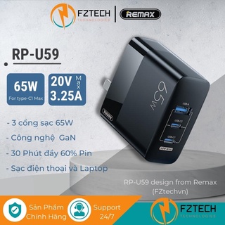 Củ sạc nhanh remax gan 65w rp-u59 fztechvn sạc nhanh chính hãng 3 cổng 2 typec và 1 usb cho laptop, mac, điện thoại, pad