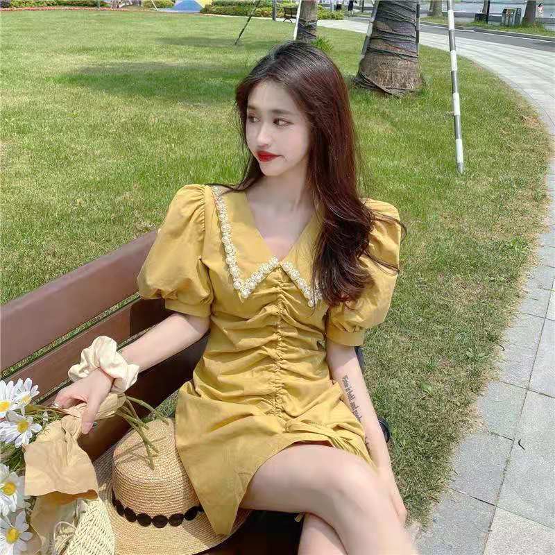 Đầm Tay Phồng Cổ Bẻ Đính Ngọc Trai Phong Cách Pháp Thời Trang Mùa Hè Cho Nữ