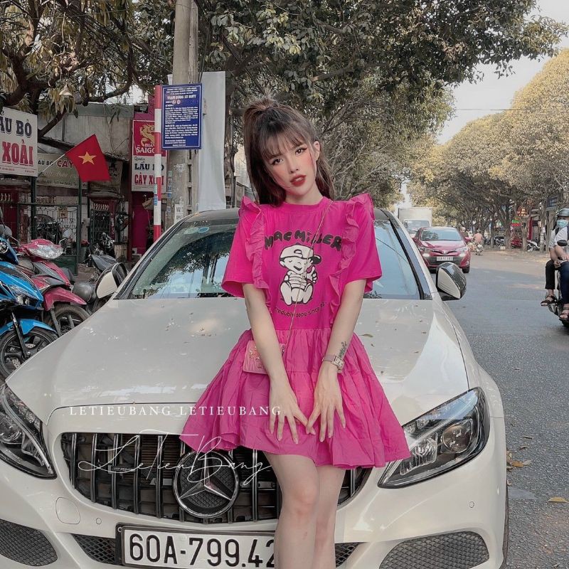 Đầm babydoll in hình baby form rộng siêu cưng