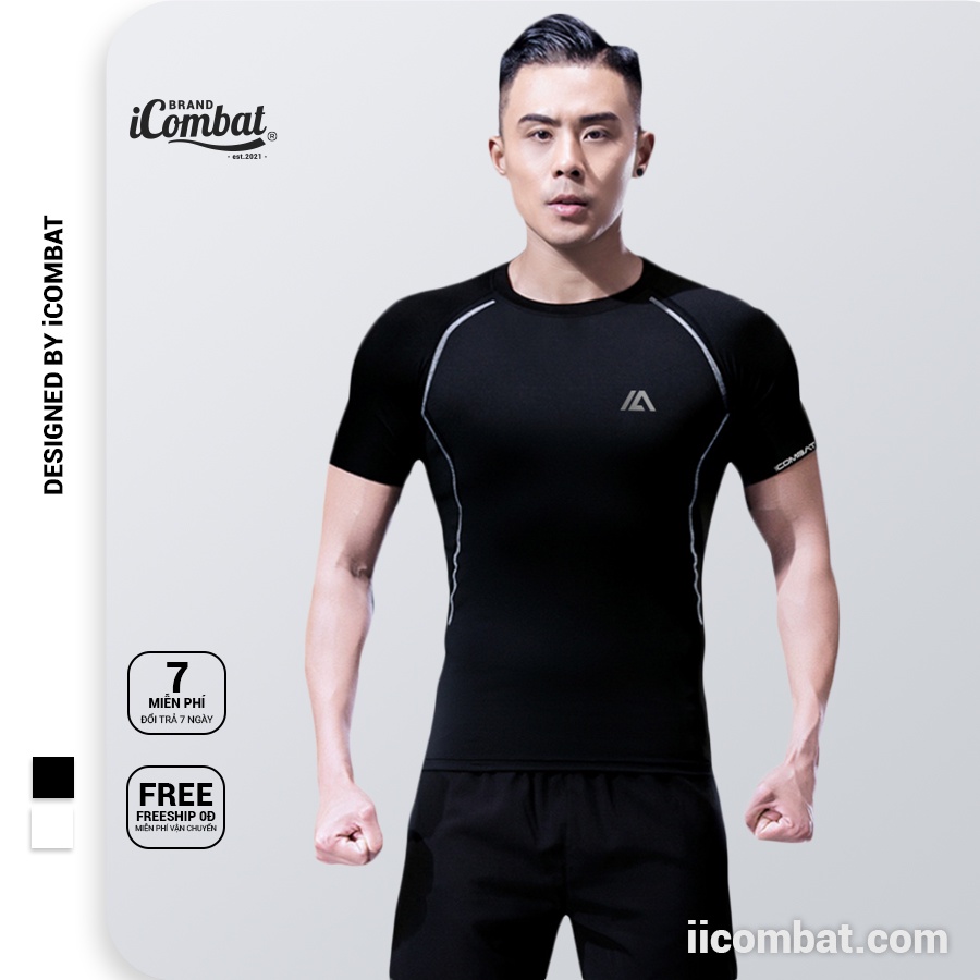 iiCOMBAT Áo Thể Thao Nam Tập Gym Cao Cấp Vải Coolmax Nhanh khô slimfit màu đen sọc xám