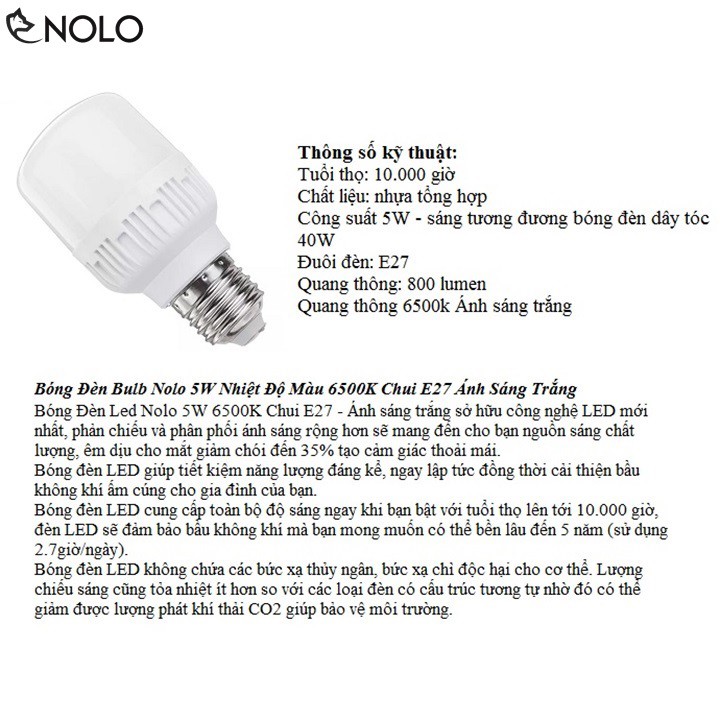 Combo 2 Đèn Bulb Nolo 5W Nhiệt Độ Màu 6500K Chân E27 Ánh Sáng Trắng