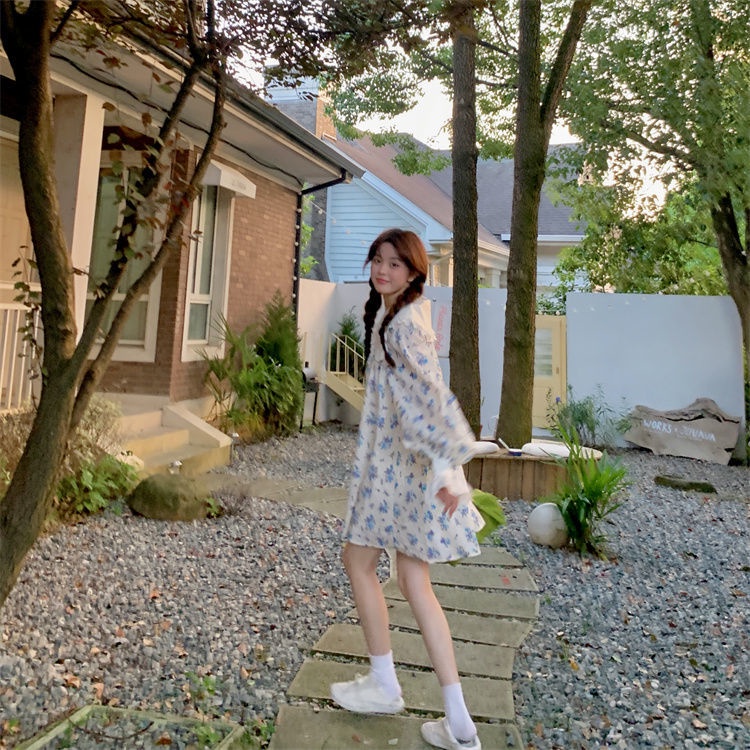 Đầm nữ tay dài phồng cổ búp bê dáng rộng phong cách Hàn Quốc ngọt ngào thời trang mùa thu mới