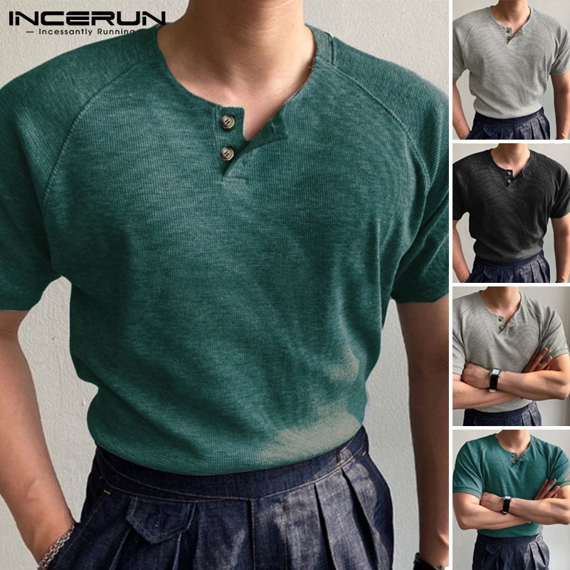 Áo thun INCERUN tay ngắn cổ tròn màu trơn thời trang cho nam
