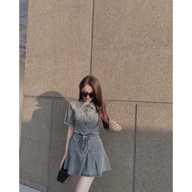 Set áo sơ mi croptop + chân váy jean xoè hàng QCL1