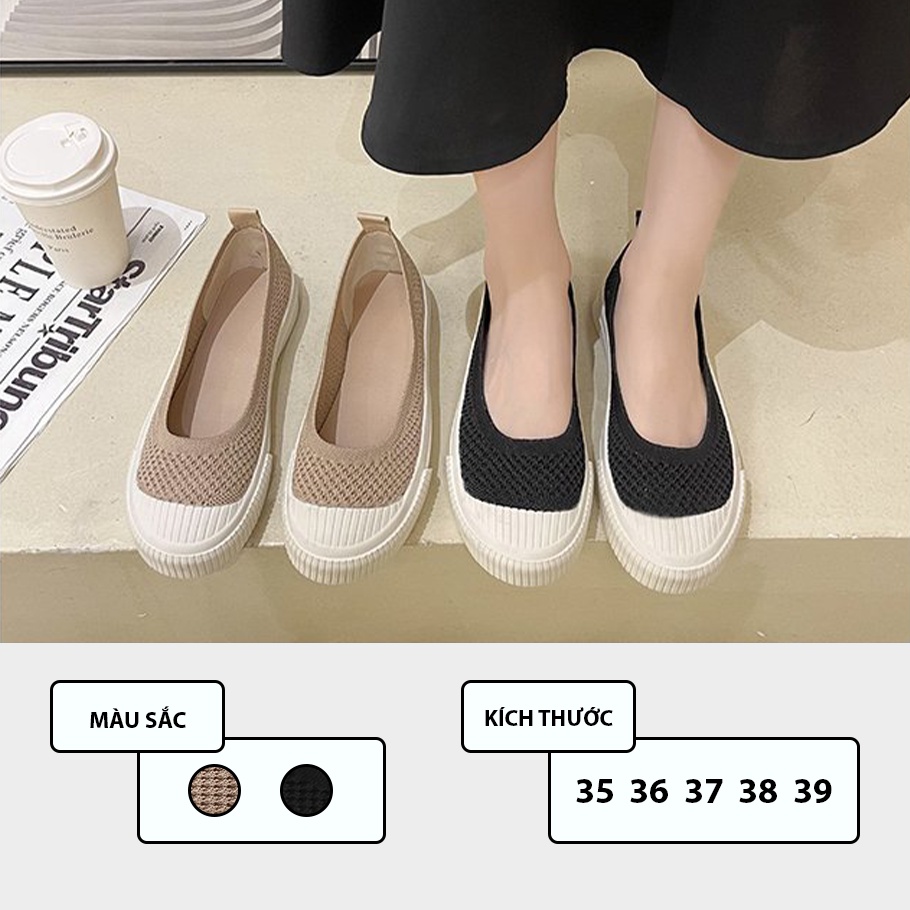 Giày Nữ Ulzzang Vintage, Giày Búp Bê Vải Dệt Kim Thoáng Khí Êm Chân Mix 2 Màu Đế Độn 3cm, Hàn Quốc - Iclassy_shoes