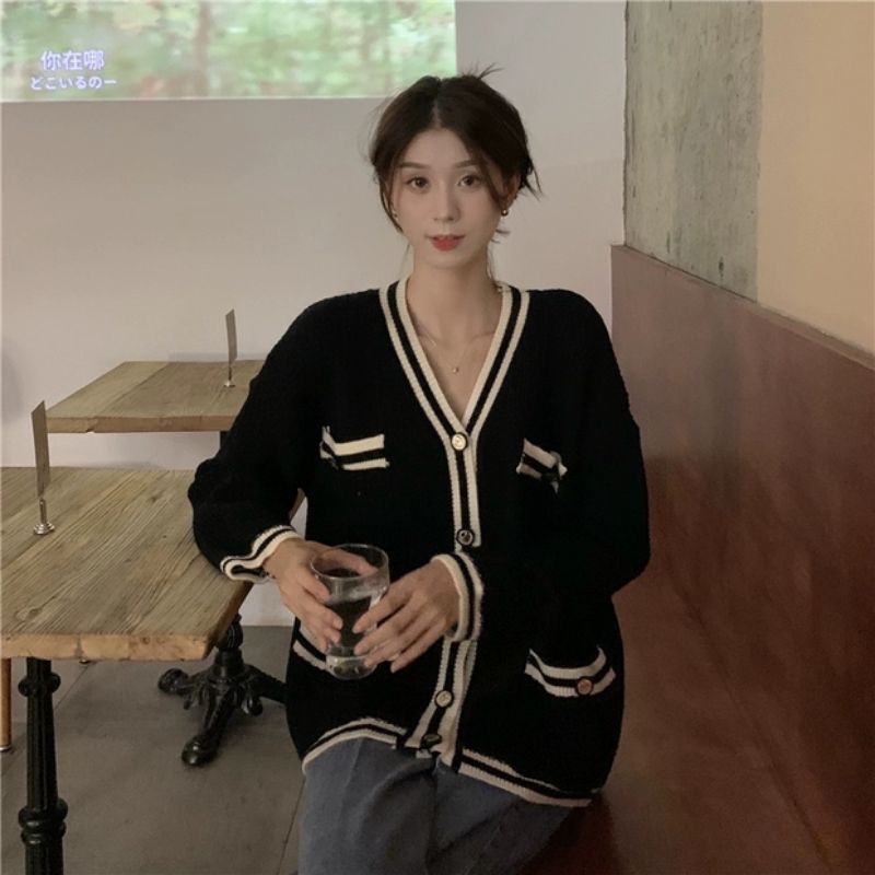 Áo cardigan len dệt kim viền có túi oder taobao