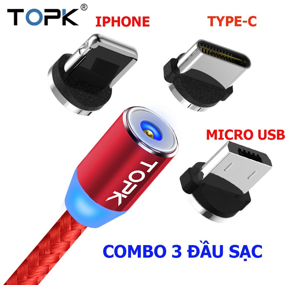 Cáp Sạc Nam Châm 3 Đầu SAMSUNG/IPHONE/TYPE C Dây Bọc Dù Siêu Bền Có Đen LED Cao Cấp, Tốc Độ Ổn Định