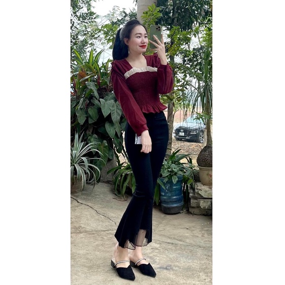 Quần bò thô skindy loe phối ren đẹp, hàng chuẩn đẹp có ảnh thật shop chụp