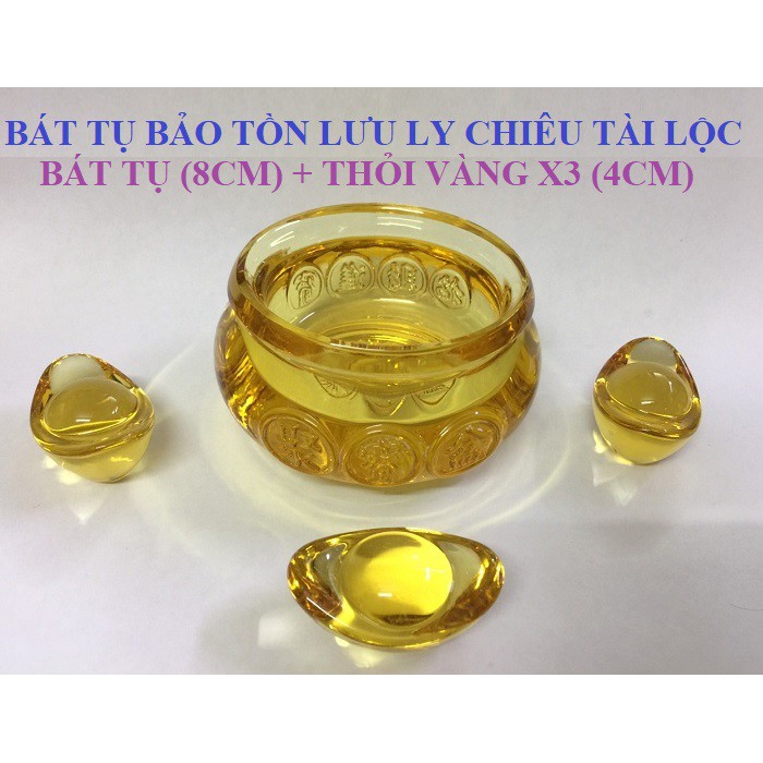 Bát Tụ Bảo Bồn lưu ly chiêu tài lộc Thần Tài, tặng kèm 03 thỏi vàng 4cm, trang trí phong thủy may mắn