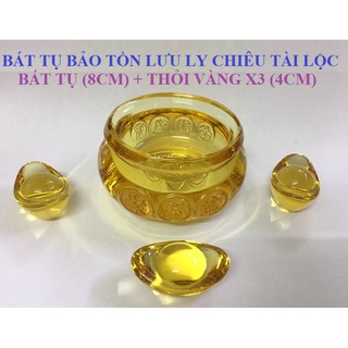 [ĐƯỜNG KÍNH 8CM] Bát Tụ Bảo Bồn lưu ly chiêu tài lộc Thần Tài, tặng kèm 03 thỏi vàng 4cm, trang trí phong thủy may mắn