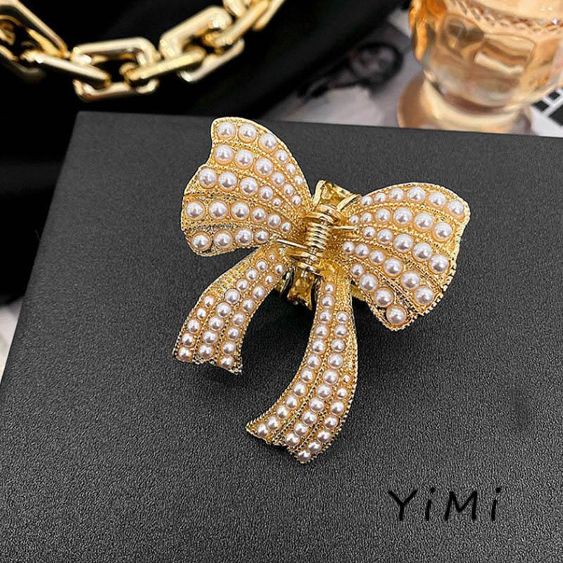 Kẹp Tóc Nơ Đính Đá Và Ngọc Trai Giả Phong Cách Vintage Mới