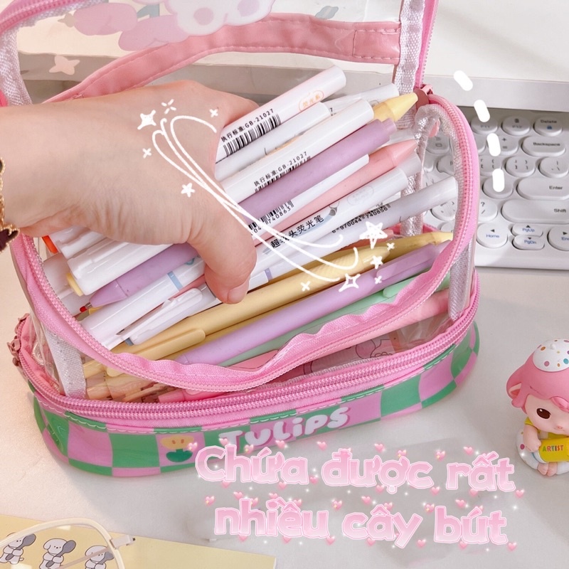 Bóp viết 2 tầng trong suốt kèm theo hoạ tiết dễ thương