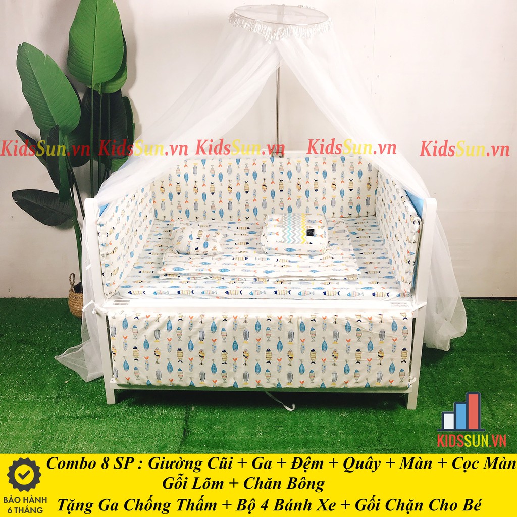 Cũi Cho Bé KIDSSUN Giường Cũi Trẻ Em Kích Thước (110x70x86) Gỗ Quế Màu Trắng Xanh  BH 24 Tháng Hàng XKhẩu Kèm Quà Tặng