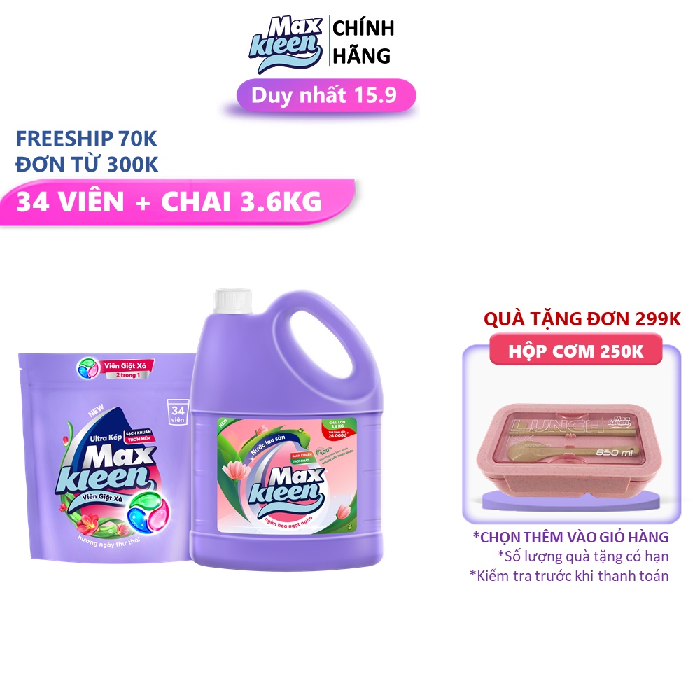 Combo Túi Viên Giặt Xả MaxKleen (34 viên/túi) + Chai Lau sàn MaxKleen Ngàn hoa ngọt ngào 3.6kg/chai