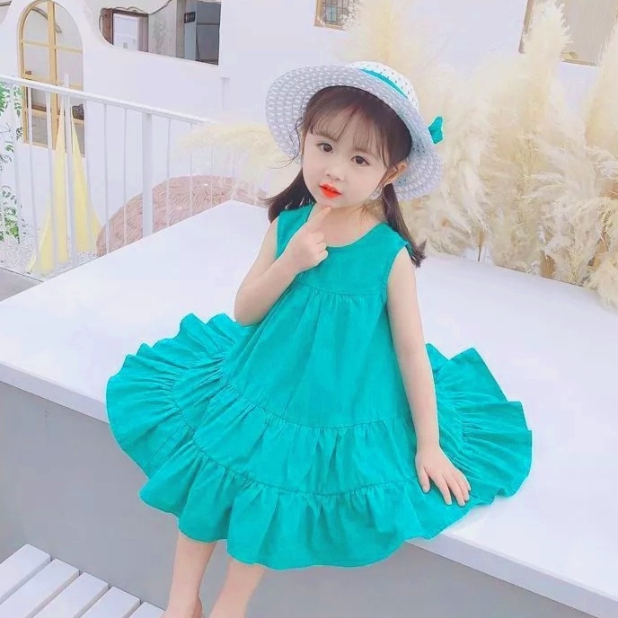 Váy sát nách mùa hè cho bé gái xanh trắng đỏ ba tầng giá rẻ
