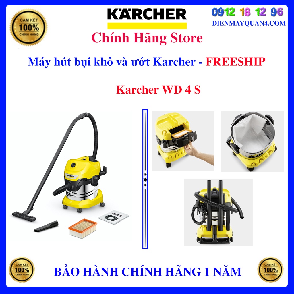 [Karcher WD 4 S]Máy hút bụi khô và ướt Karcher WD4S - Tặng 4 túi lọc bụi