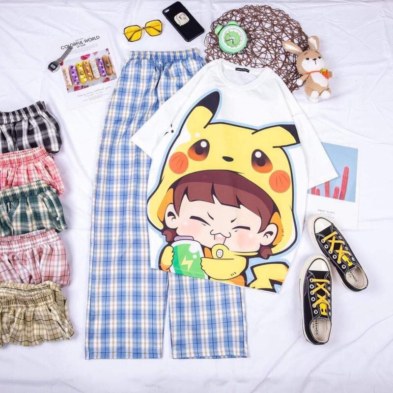 Sét áo cô gái mũ mèo + quần kẻ màu, Áo thun from rộng, Chất đẹp không xù, quần suông ống rộng, Sét bộ mặc ở nhà - MODY