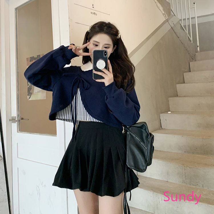 Set Áo Thun Dài Tay Cổ Bẻ + Áo Len Cộc Tay Cổ Bẻ Thời Trang Nữ