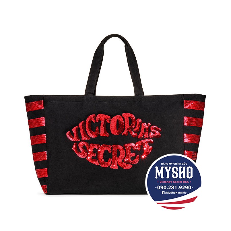 Túi tote đen kết cườm môi đỏ cá tính - VS Tote (63) - Hàng nhập Victoria's Secret USA