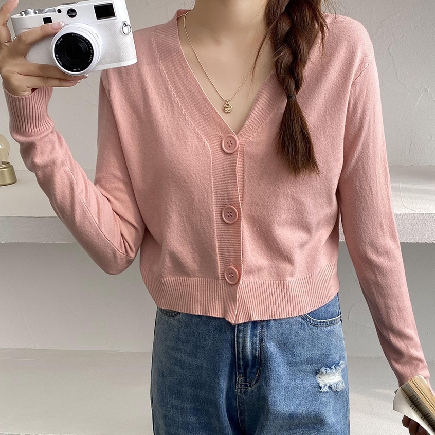 Áo khoác cardigan len mỏng nữ mềm mịn tay dài cổ V dáng ngắn phong cách Hàn Quốc New Arival