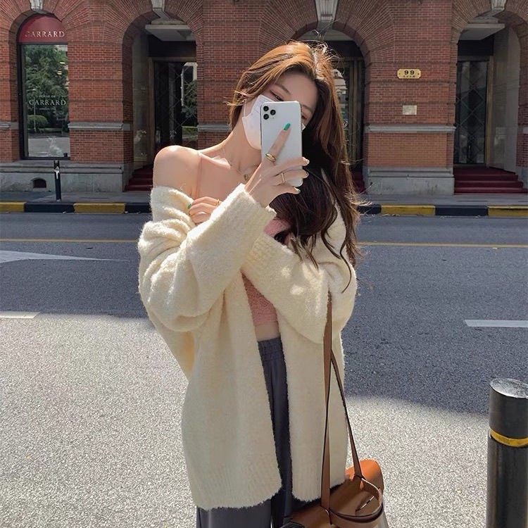 Áo khoác cardigan dệt kim cổ chữ V tay dài dáng rộng thời trang thu đông